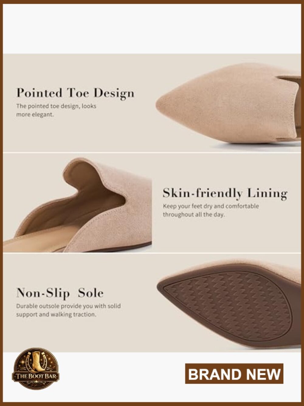 Pointed Toe Mules Slip On Flats Faux Suede Rubber Sole Comfortable Casual Work - Picture 4 of 7